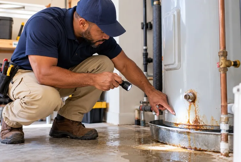 Plumber inspecting a rusted and leaking water heater in a Winter Park home.