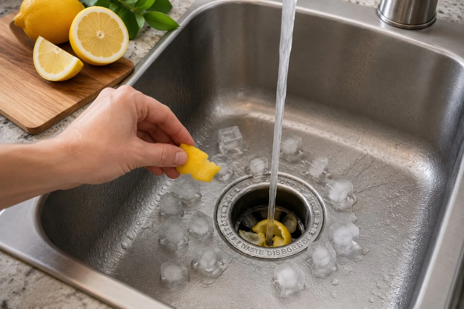Hand adding lemon peel and ice to a garbage disposal while cold water runs