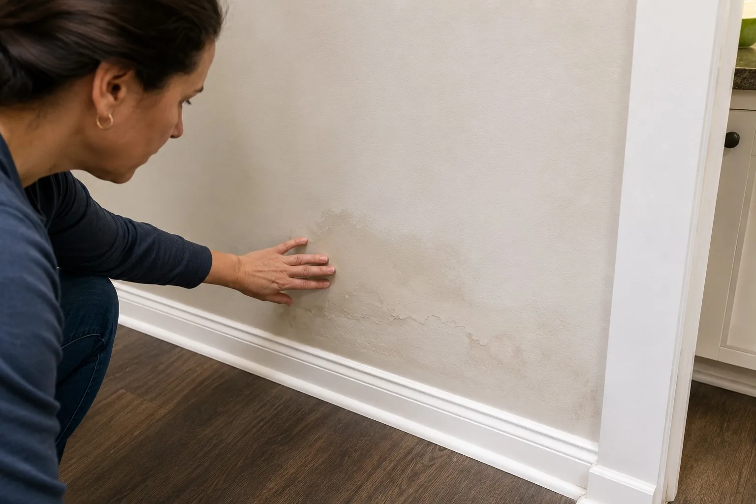 Homeowner inspecting a water stain on the wall caused by a hidden leak