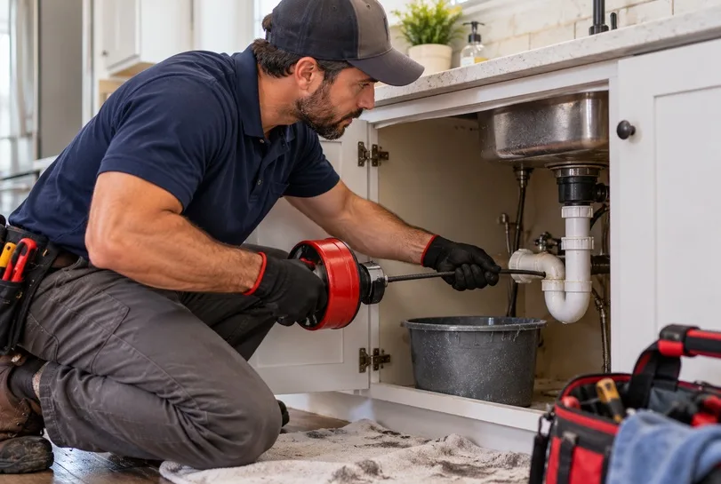Plumber using a drain snake to clear a clogged kitchen sink drain.
