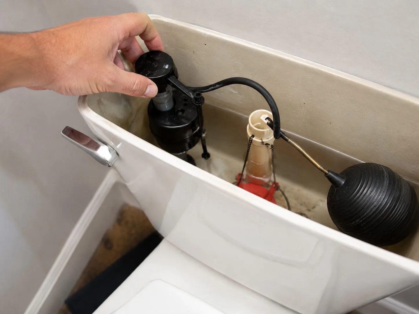Hand adjusting the fill valve inside an open toilet tank