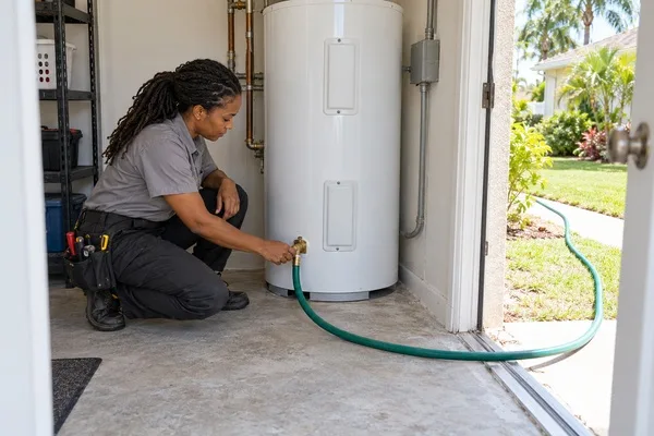 Plumber checks a drain hose connected to an electric water heater during annual tank maintenance.