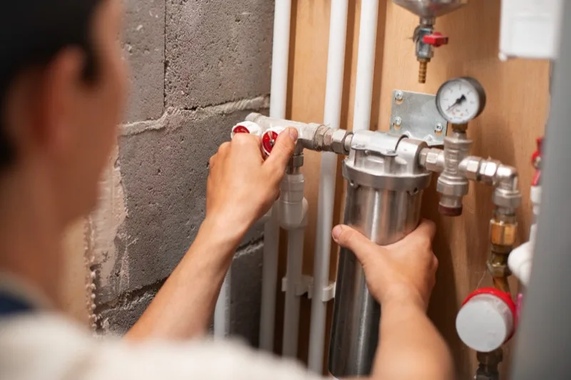 Technician tightening a gas filter and regulator on a wall-mounted supply line