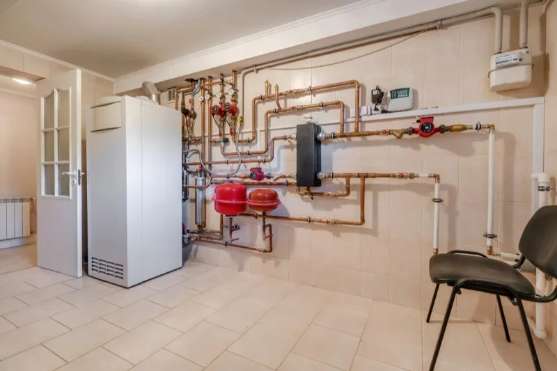 Copper water supply lines running along the wall of a home utility room