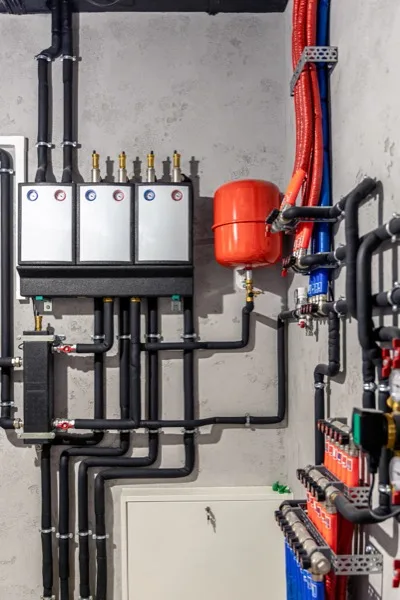 Colour-coded gas and water manifold panel with valves, controls and labelled piping