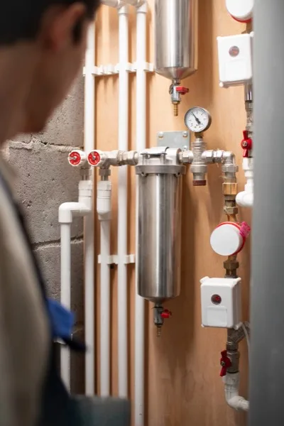 Wall-mounted gas manifold fitted with pressure gauges, shutoff valves and copper piping