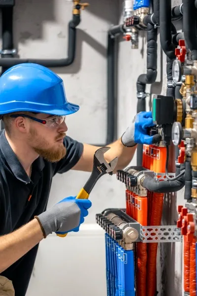 Plumber in a hard hat adjusting valves on a colour-coded water manifold with a wrench