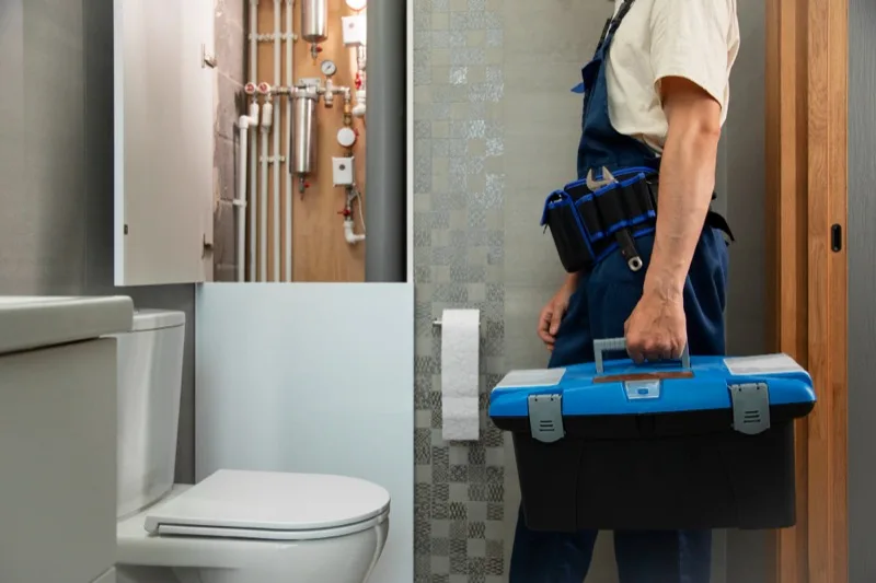 Plumber walking up to a front door carrying a toolbox for a scheduled service call