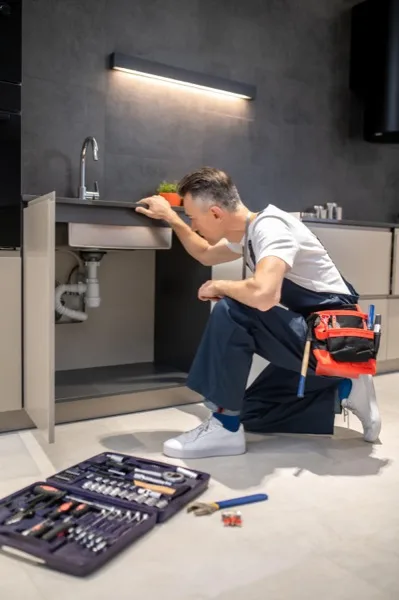Plumber checking the supply connections under a kitchen sink cabinet