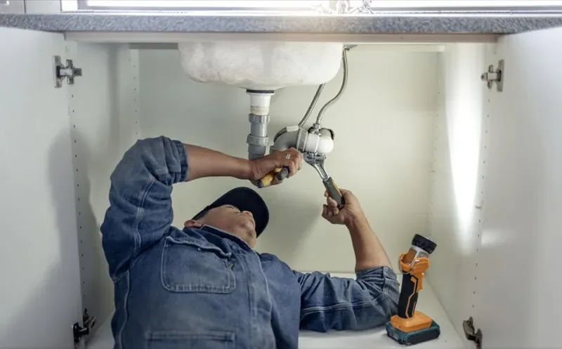 Plumber lying under a kitchen sink tightening the drain trap with a wrench