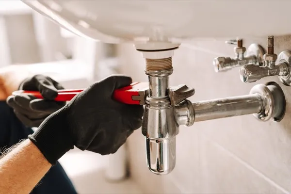 Gloved plumber tightening a chrome sink drain trap with a pipe wrench
