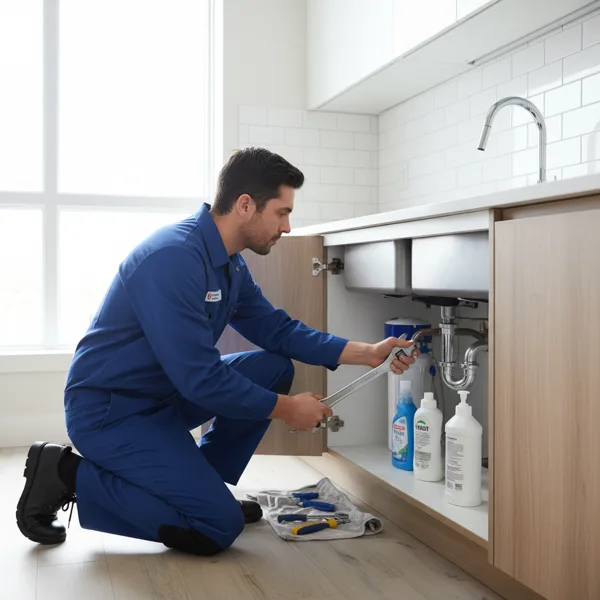 Plumber kneeling to work on the supply lines inside an under-sink cabinet